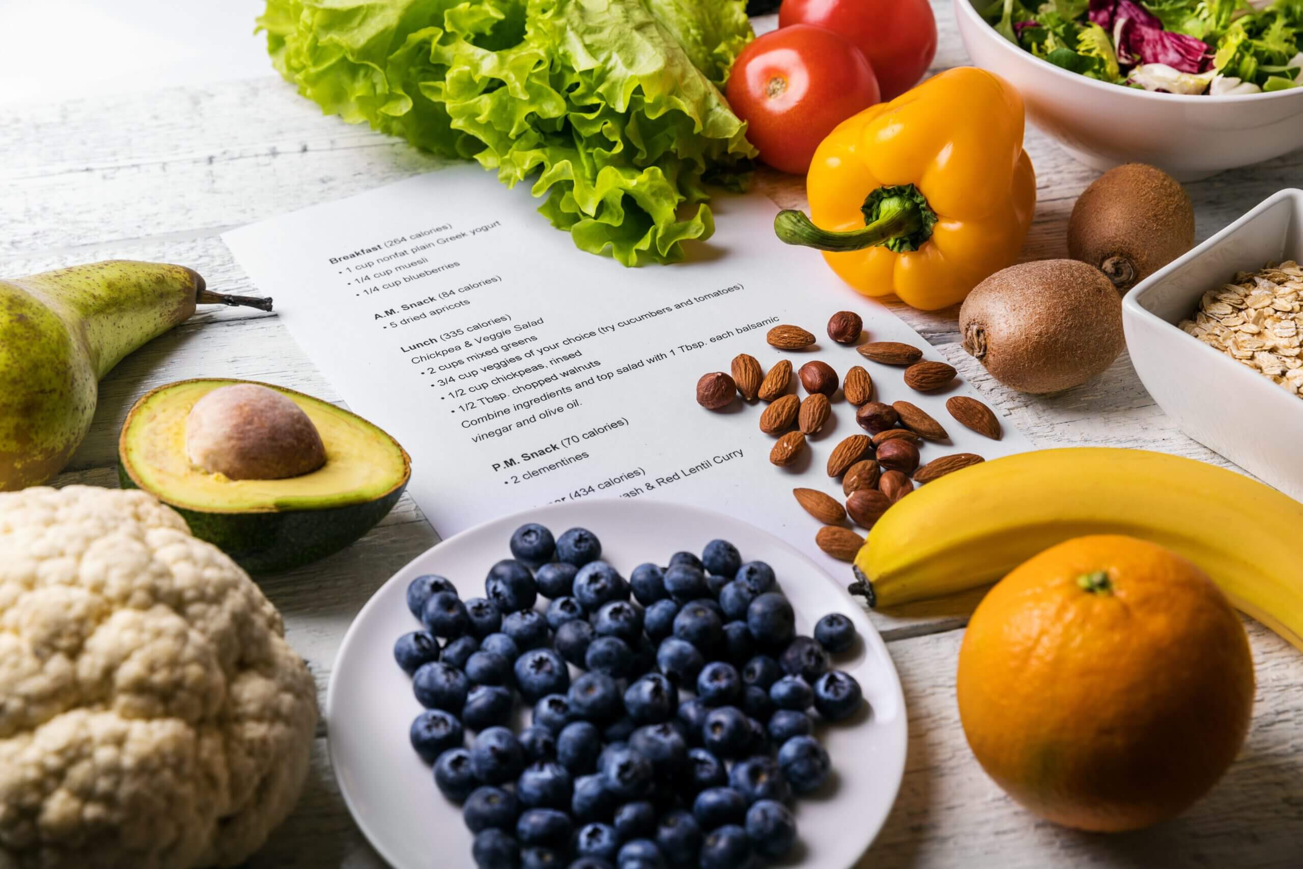 balanced diet plan with fresh healthy food on the table
