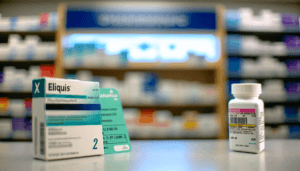 Pharmacy counter with Eliquis and Xarelto boxes and insurance card